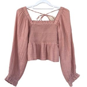 American Eagle | Pink Smocked Square Neck Blouse